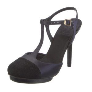 Tory Burch Navy Satin and Suede T-Strap Heels